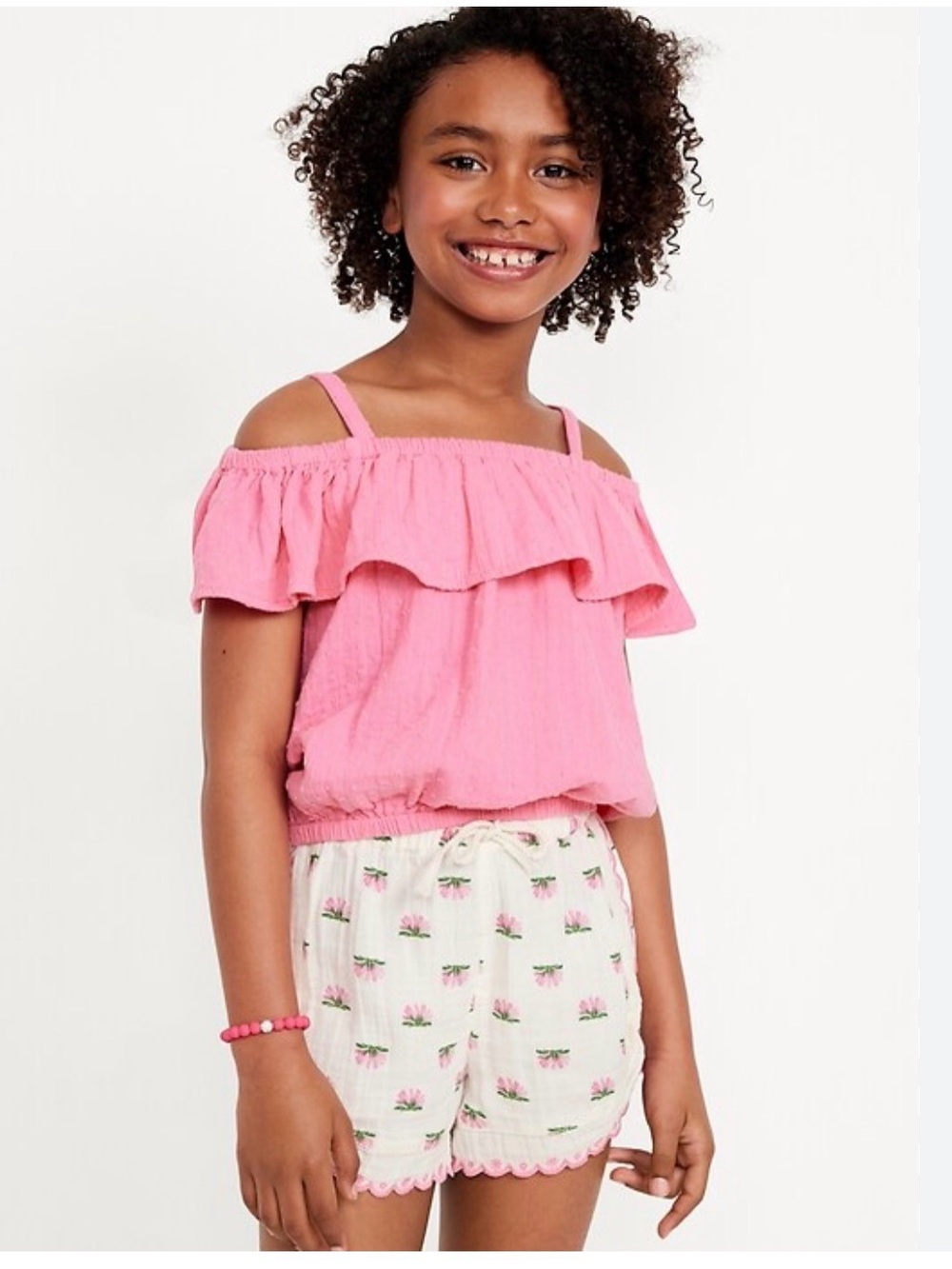 Old Navy | Off-Shoulder Ruffle-Trim Pink Textured Blouse Top Girls, Size M (8)